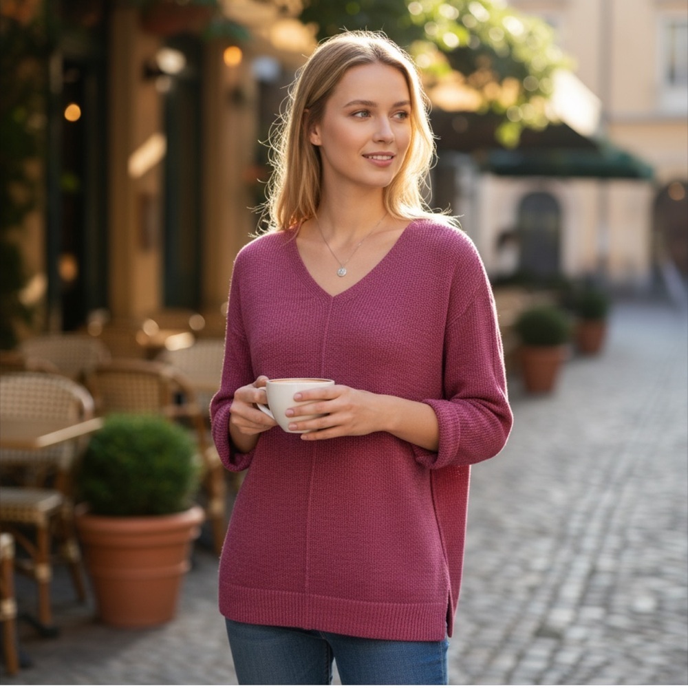 Chico’s Pink Rose V Neck Sweater Roll Tab Sleeve Detail